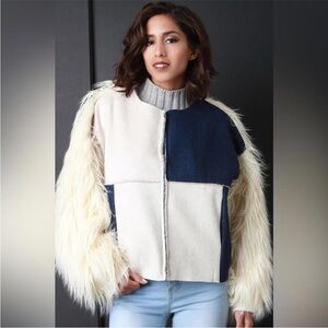 NUDE Color Block Teddy Jacket with Faux Fur Sleeves